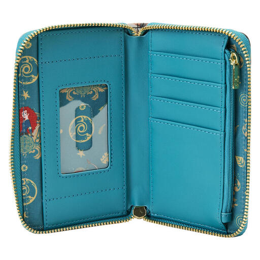 Interior shot of Merida princess scenes wallet featuring four card slots and one clear ID slots
